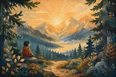 Golden Sunrise Over Evergreen Mountain Range