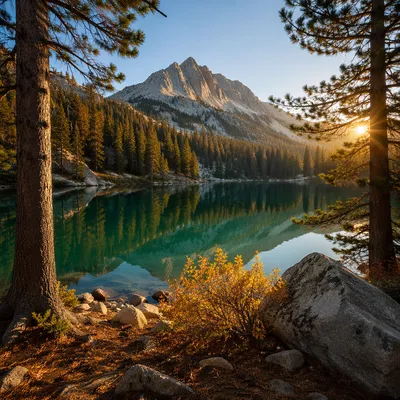 Golden Sunrise Over Evergreen Mountain Lake