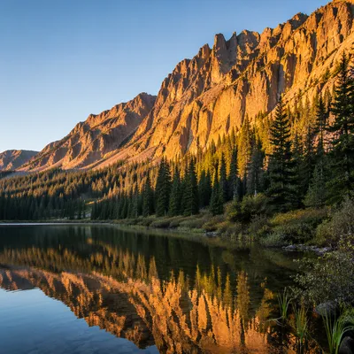 Golden Sunrise Over Evergreen Mountain Lake