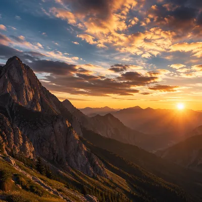 Golden Sunrise Over Evergreen Mountain Peaks