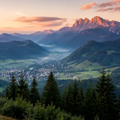 Golden Sunrise Over Evergreen Alpine Valley