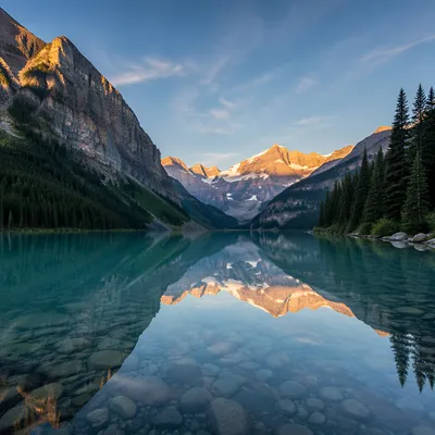 Golden Sunrise Over Evergreen Alpine Lake