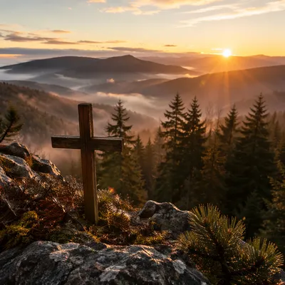 Golden Sunrise Cross on Evergreen Mountain Ridge