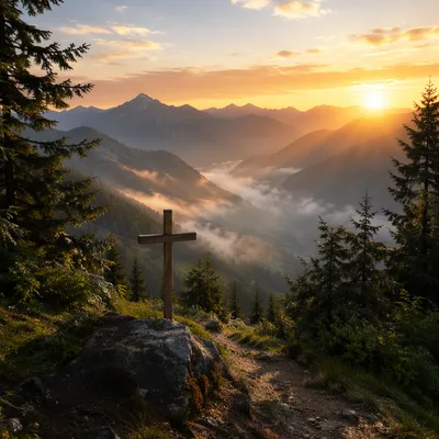 Golden Sunrise Cross in Evergreen Mountains