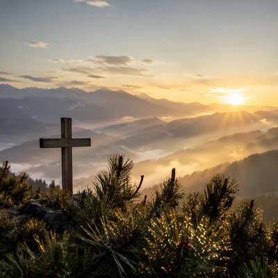 Golden Sunrise Cross Over Evergreen Mountains
