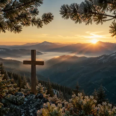 Golden Sunrise Cross Over Evergreen Mountains