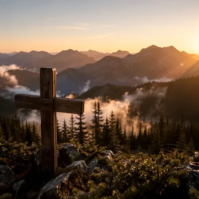 Wooden Cross at Golden Mountain Sunrise