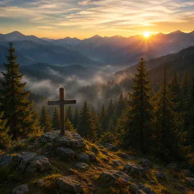 Golden Sunrise Cross in Evergreen Mountains
