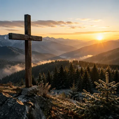 Golden Sunrise Cross Over Evergreen Mountains