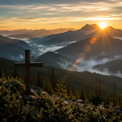 Wooden Cross at Golden Mountain Sunrise