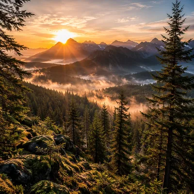 Golden Sunrise Over Evergreen Mountain Range
