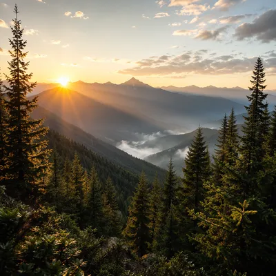 Golden Sunrise Over Evergreen Mountain Range