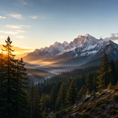 Golden Sunrise Over Evergreen Mountain Range