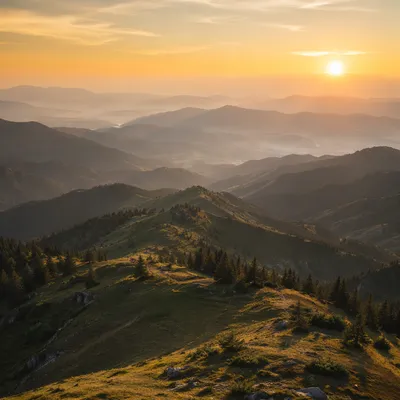 Golden Sunrise Over Evergreen Mountain Range