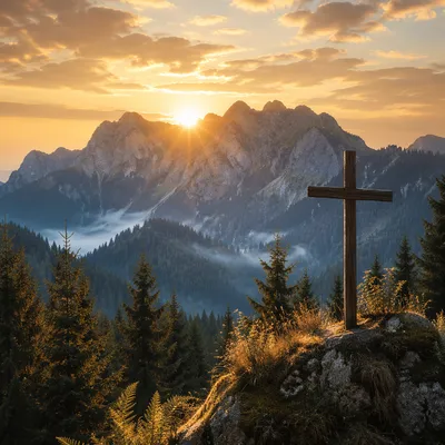 Golden Sunrise Cross Over Evergreen Mountains