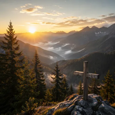 Golden Sunrise Cross in Evergreen Mountains