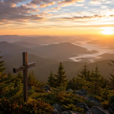 Wooden Cross at Golden Mountain Sunrise