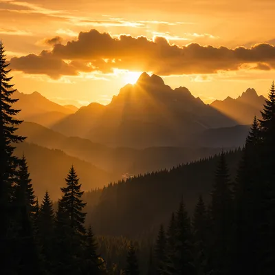 Golden Sunrise Over Evergreen Mountain Range