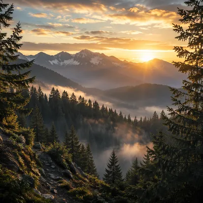 Golden Sunrise Over Evergreen Mountain Ridge