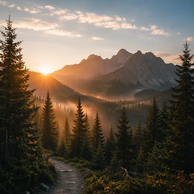 Golden Sunrise Over Evergreen Mountain Path