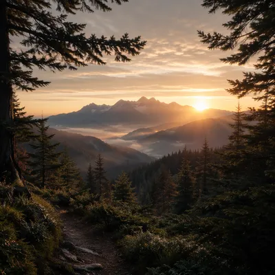 Golden Sunrise Over Evergreen Mountain Valley