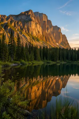 Golden Sunrise Over Evergreen Mountain Lake