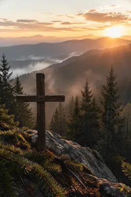 Wooden Cross at Golden Mountain Sunrise