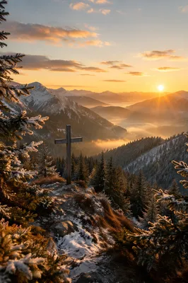 Wooden Cross at Golden Mountain Sunrise