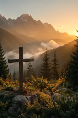 Golden Sunrise Cross in Evergreen Mountains
