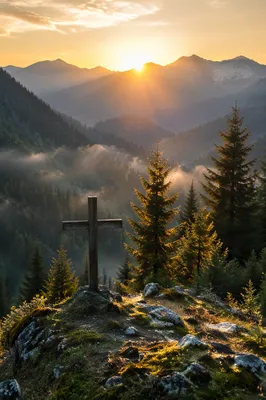 Golden Sunrise Cross in Evergreen Mountains