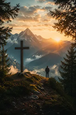 Wooden Cross at Golden Mountain Sunrise