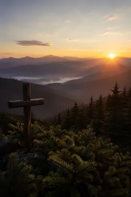 Wooden Cross at Golden Mountain Sunrise