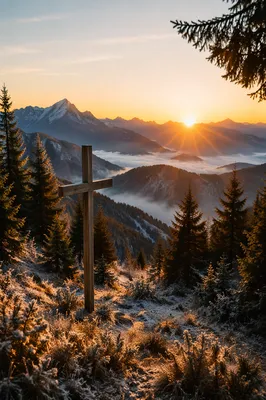 Wooden Cross at Golden Mountain Sunrise