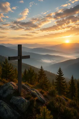 Golden Sunrise Cross on Evergreen Mountain Ridge