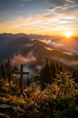 Golden Sunrise Cross Over Evergreen Mountains