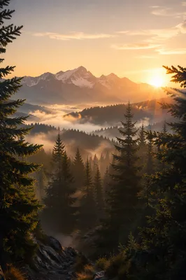 Golden Sunrise Over Evergreen Mountain Peaks