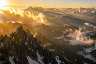 Golden Sunrise Over Evergreen Alpine Peaks