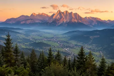Golden Sunrise Over Evergreen Alpine Mountains