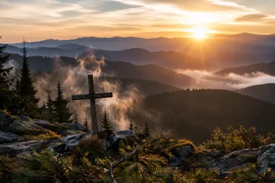 Wooden Cross at Golden Mountain Sunrise