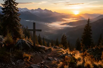 Golden Sunrise Cross in Evergreen Mountains