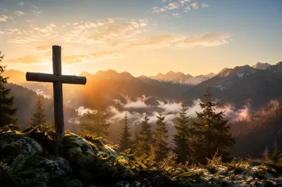 Wooden Cross at Golden Mountain Sunrise