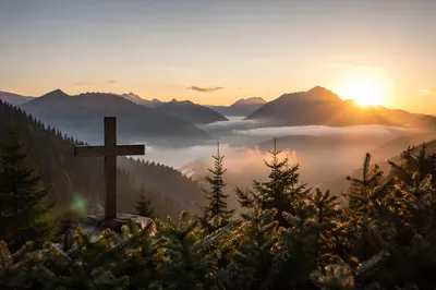 Wooden Cross at Golden Mountain Sunrise