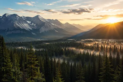 Golden Sunrise Over Evergreen Mountain Range