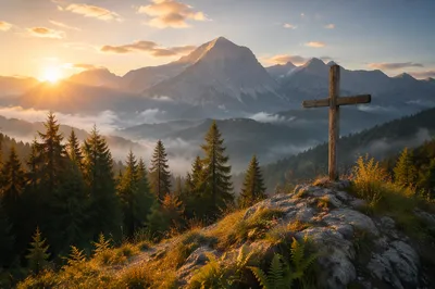 Golden Sunrise Cross Over Evergreen Mountains