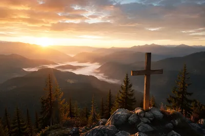 Golden Sunrise Cross in Evergreen Mountains