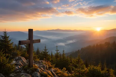 Golden Sunrise Cross on Evergreen Mountain Ridge
