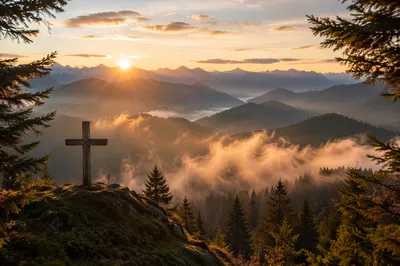 Golden Sunrise Cross in Evergreen Mountains