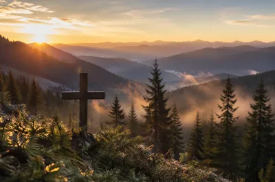 Golden Sunrise Cross Over Evergreen Mountains