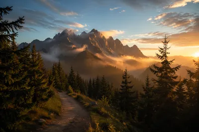 Golden Sunrise Over Evergreen Mountain Path