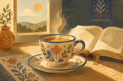 Morning Tea Cup Beside Open Bible